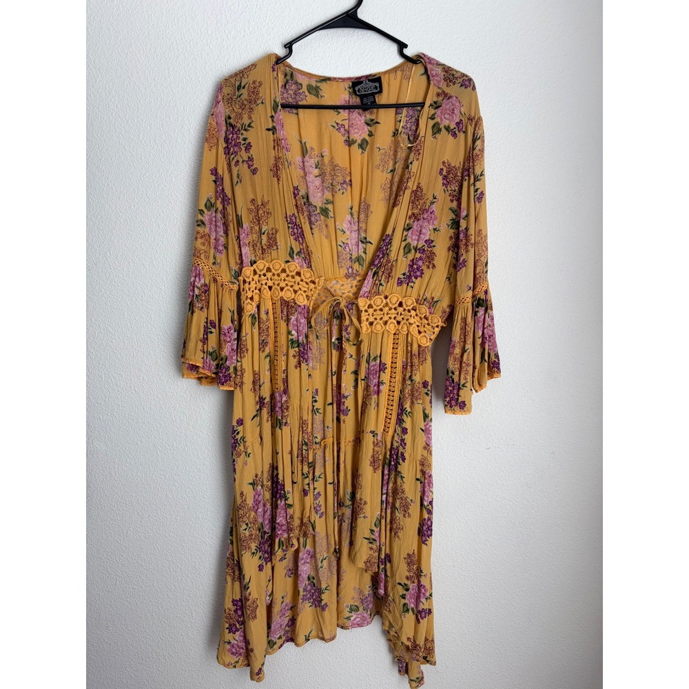 Angie Mustard‎ Yellow Floral Crochet Lace Trim Boho Bell Sleeve Kimono Dress M